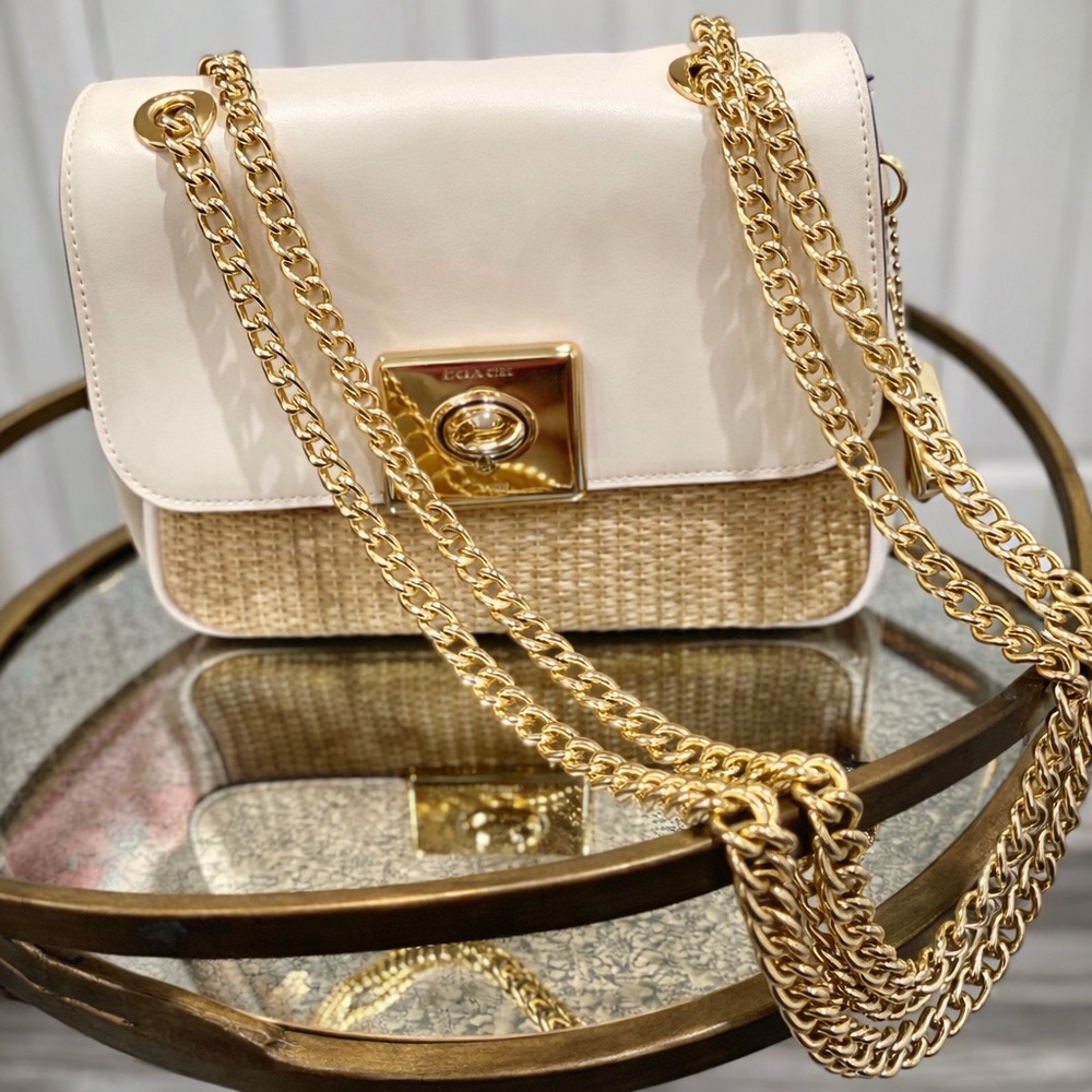 COACH Klara Straw & Leather Chain Shoulder Bag l Gold Turnlock l Woven Raffia